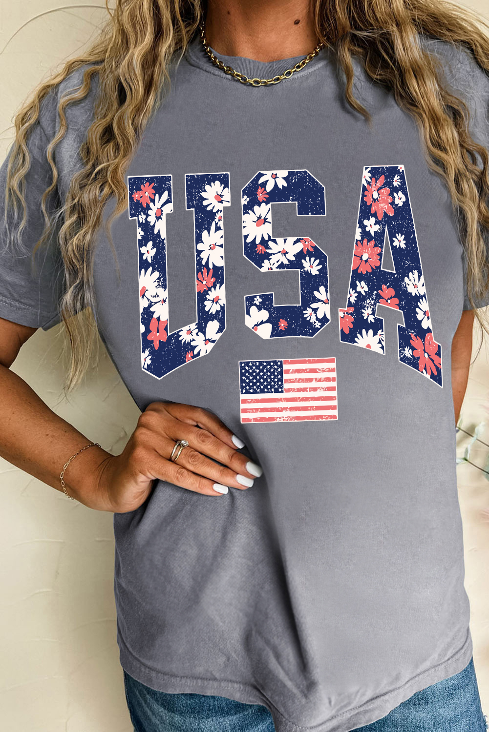 Gray Blooming USA Flag Print Casual T Shirt - loveforevers