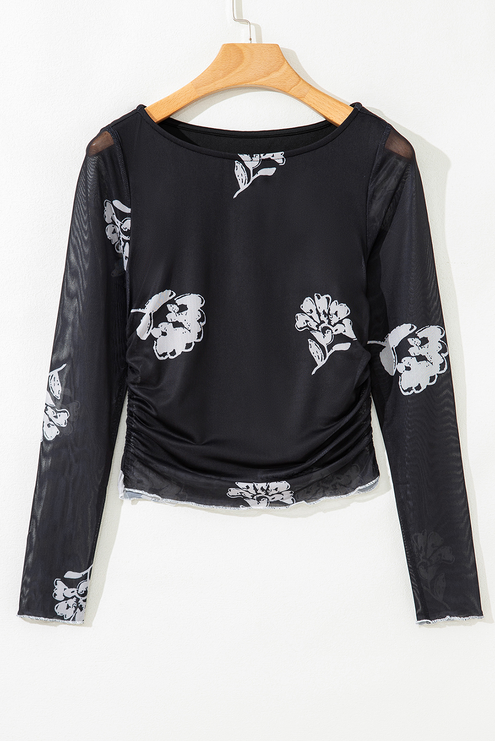Black Floral Print Sleek Bodice Mesh Long Sleeve Top - loveforevers