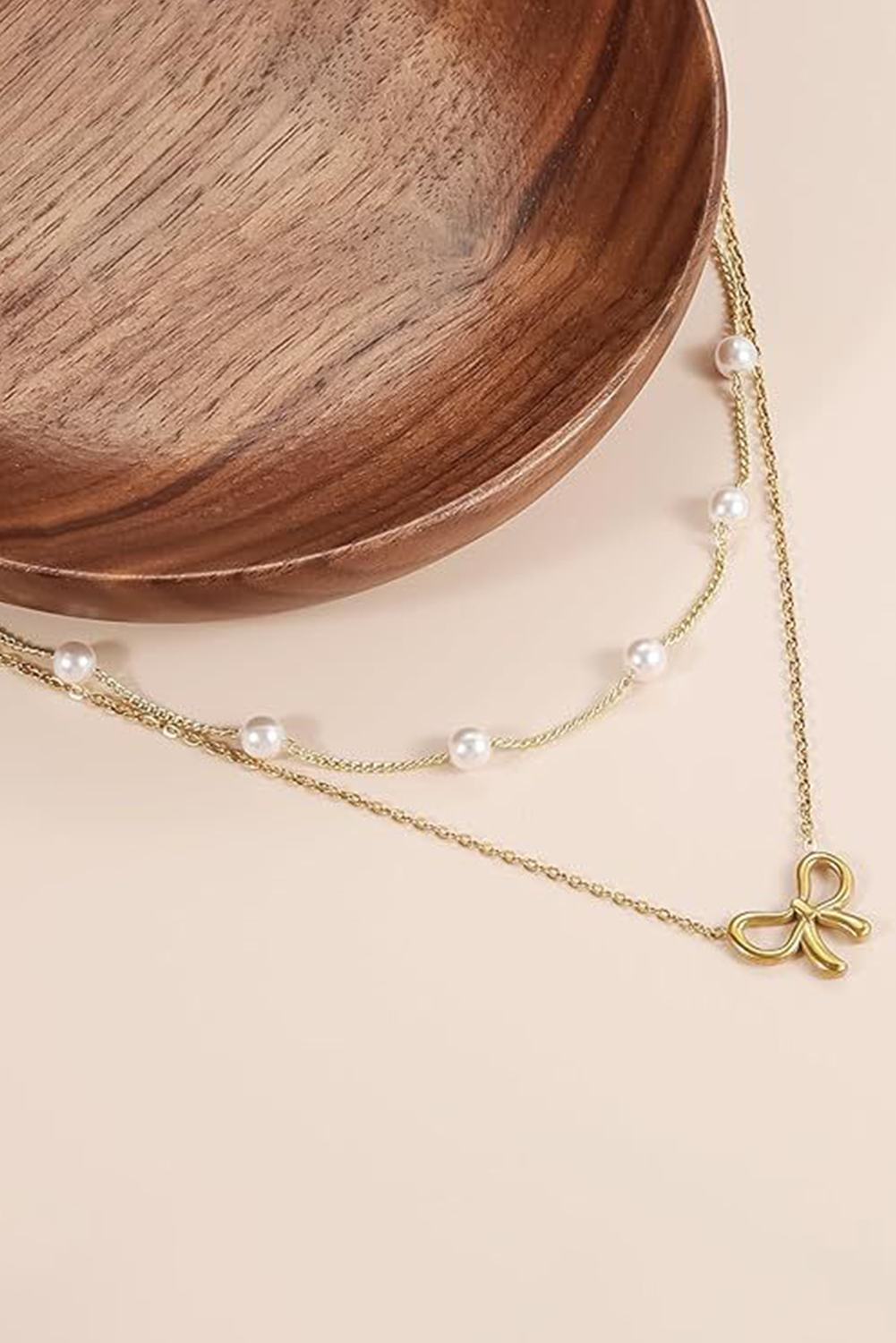 Gold Bow Pendant Pearl Beads Double Layer Necklace - loveforevers