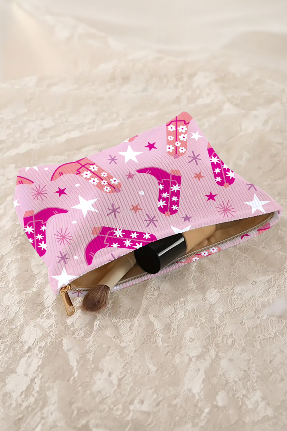 Pink Western Cowboy Boots Star Print Large Makeup Bag - loveforevers