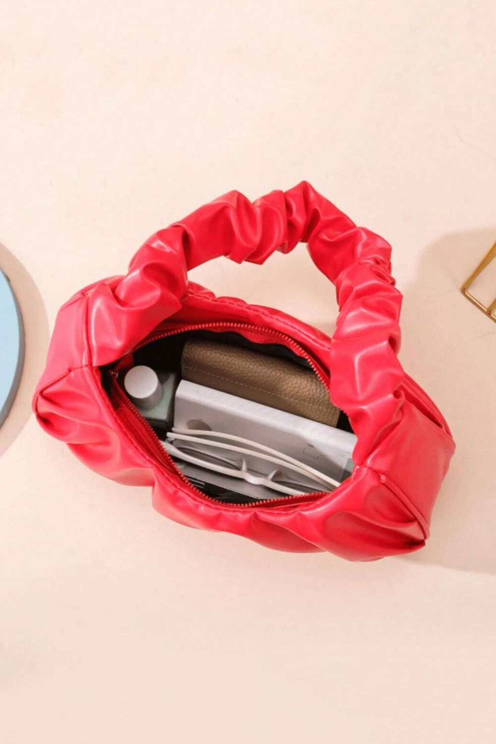 Fiery Red Ruched Faux Leather Shoulder Bag - loveforevers