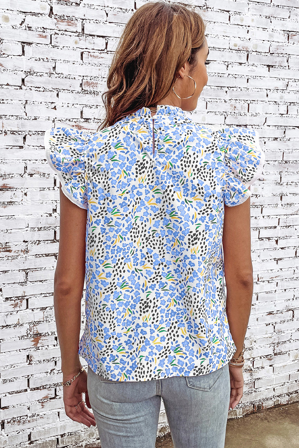 Sky Blue Abstract Print High Neck Flutter Sleeves Top - loveforevers