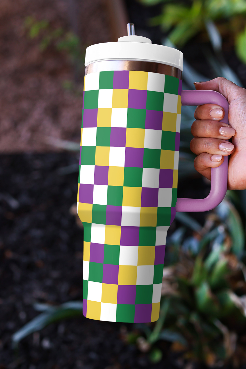 Tillandsia Purple Checkered Print Handle Large Vacuum Cup 40OZ - loveforevers