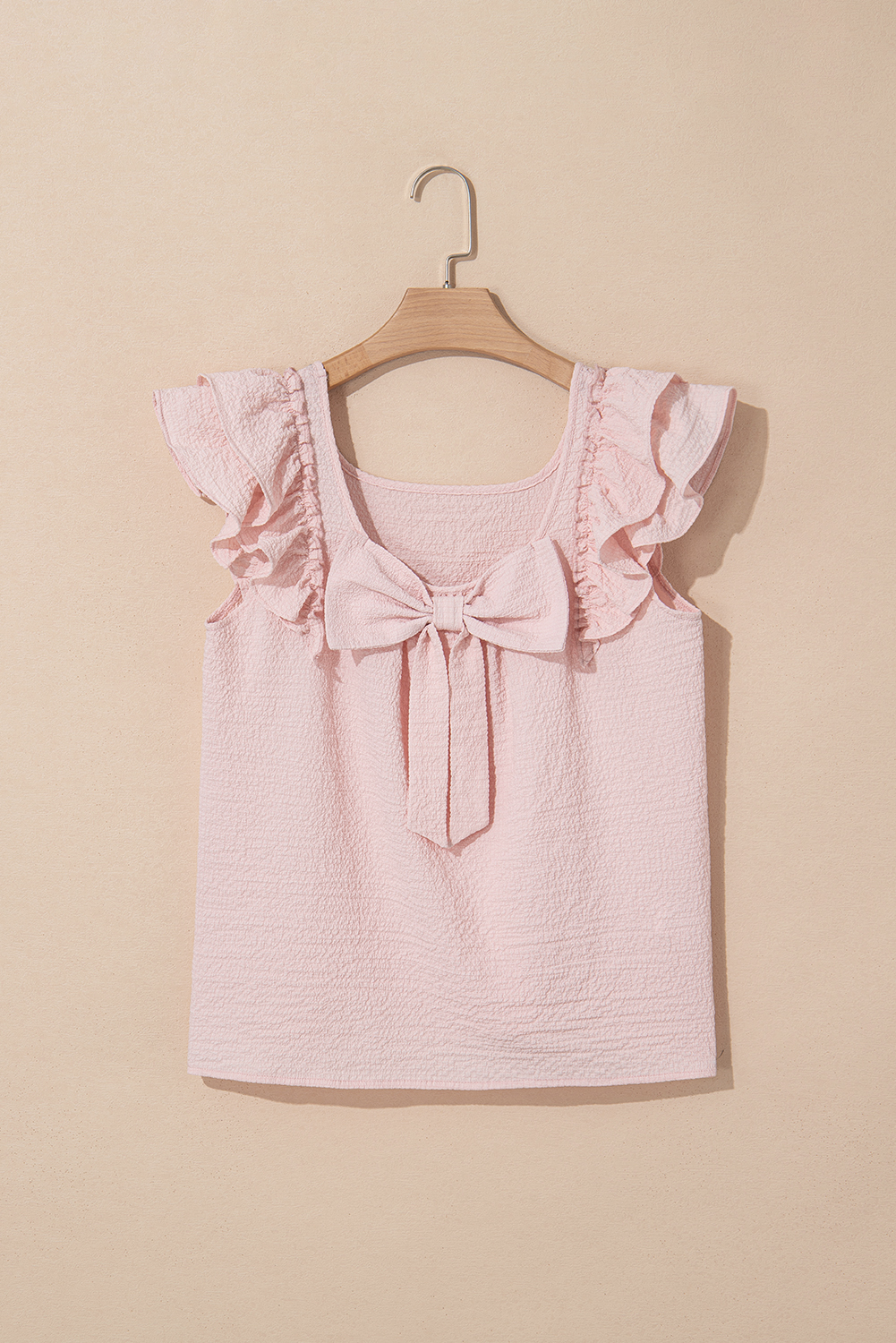 Beau Blue Textured Bow Knot Frilled Butterfly Sleeve Blouse - loveforevers