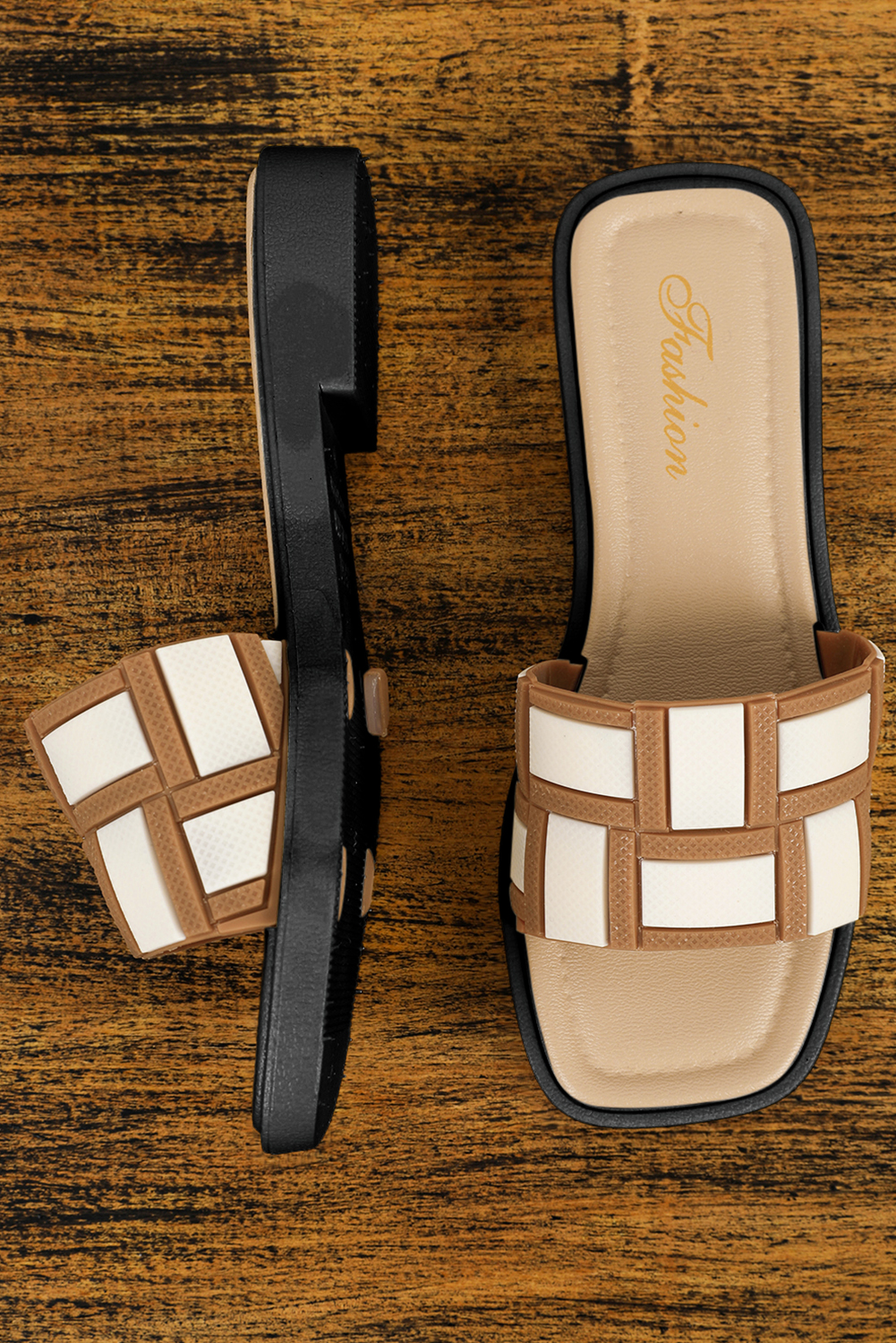 Beige Two Tone Contrast PU Leather Square Toe Slippers - loveforevers
