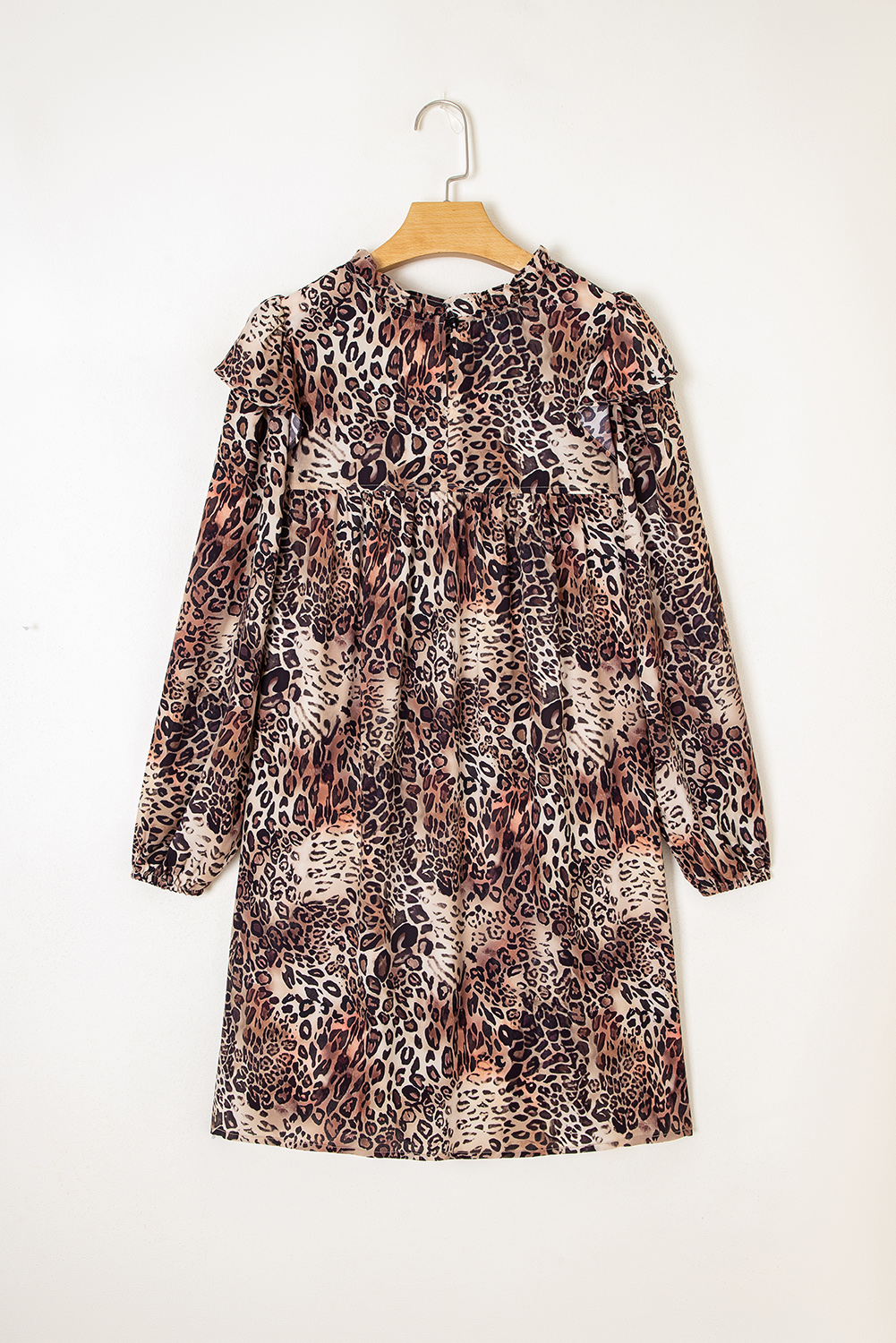 Brown Leopard Ruffled Detail Long Sleeve Loose Mini Dress - loveforevers