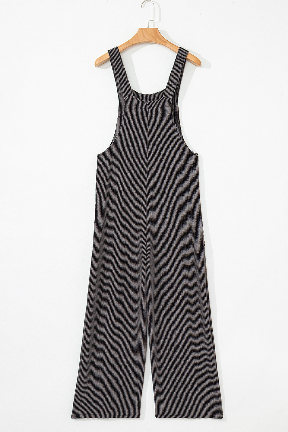 Dark Grey Ribbed Knit Patched Pocket Wide Leg Overalls - loveforevers