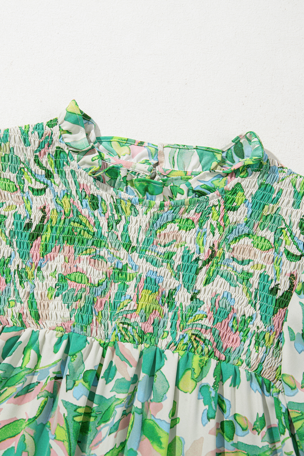 Green Leafy Printed Flounce Sleeve Shirred Mock Neck Blouse - loveforevers