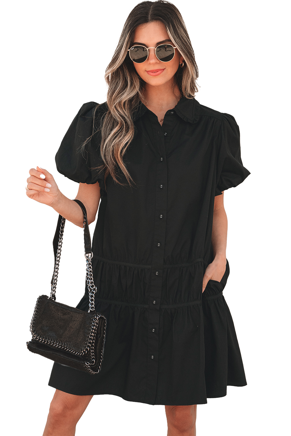Black Shirt Style Button Down Puff Sleeve Ruffle Hem Dress - loveforevers