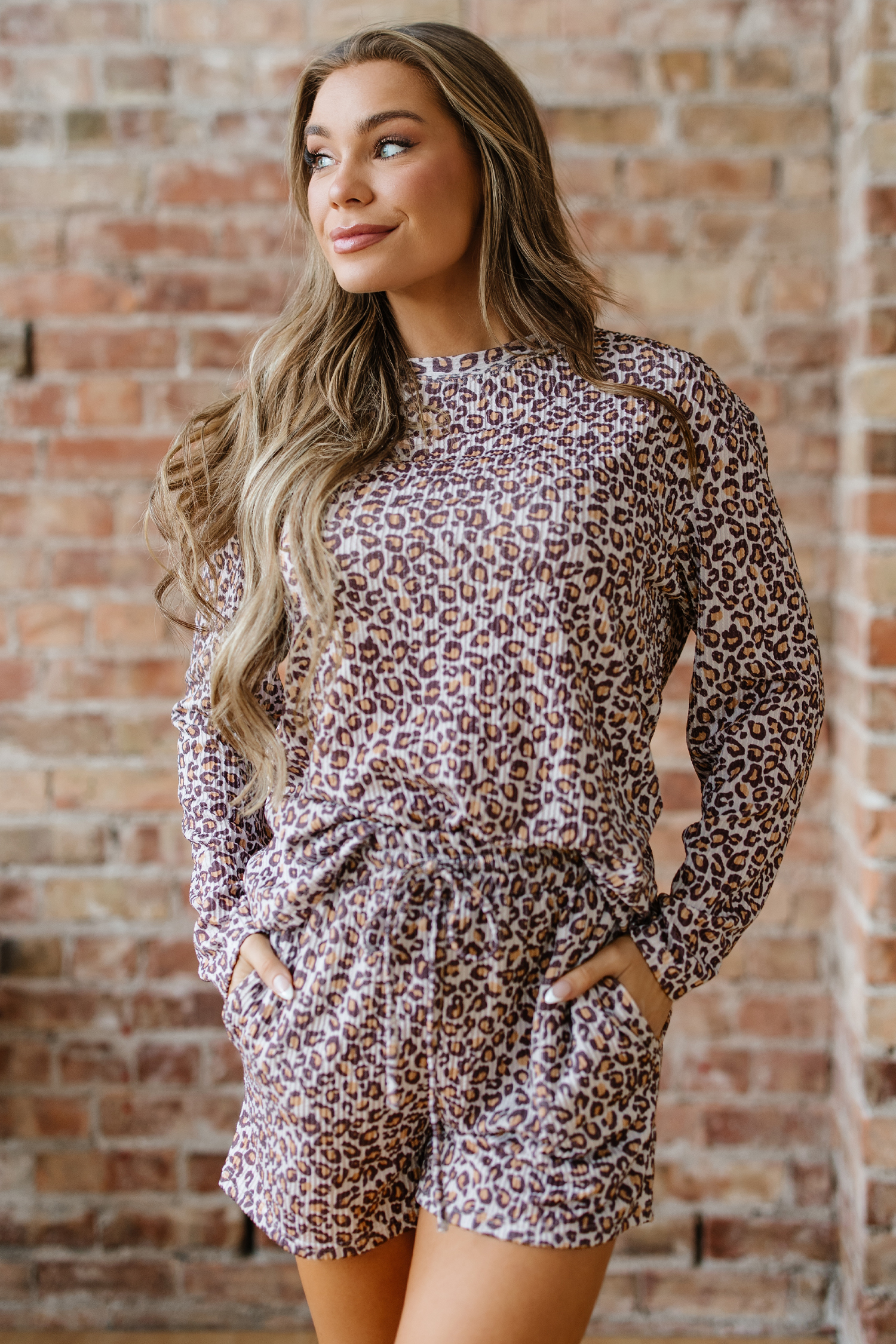 Khaki Leopard Ribbed Long Sleeve Top Drawstring Shorts 2pcs Outfit - loveforevers