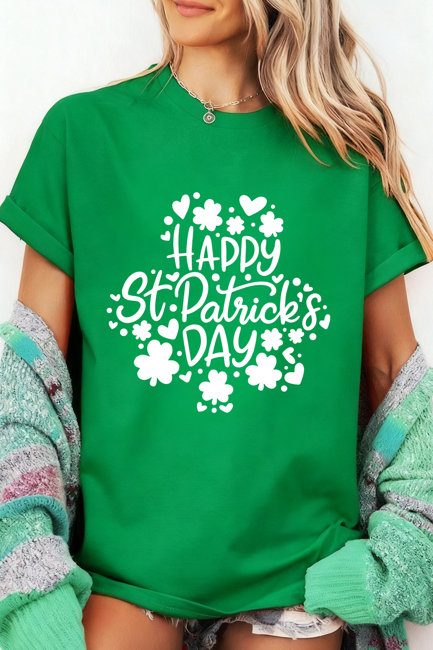 Bright Green Happy St Patricks Day Clover Printed Casual T Shirt - loveforevers