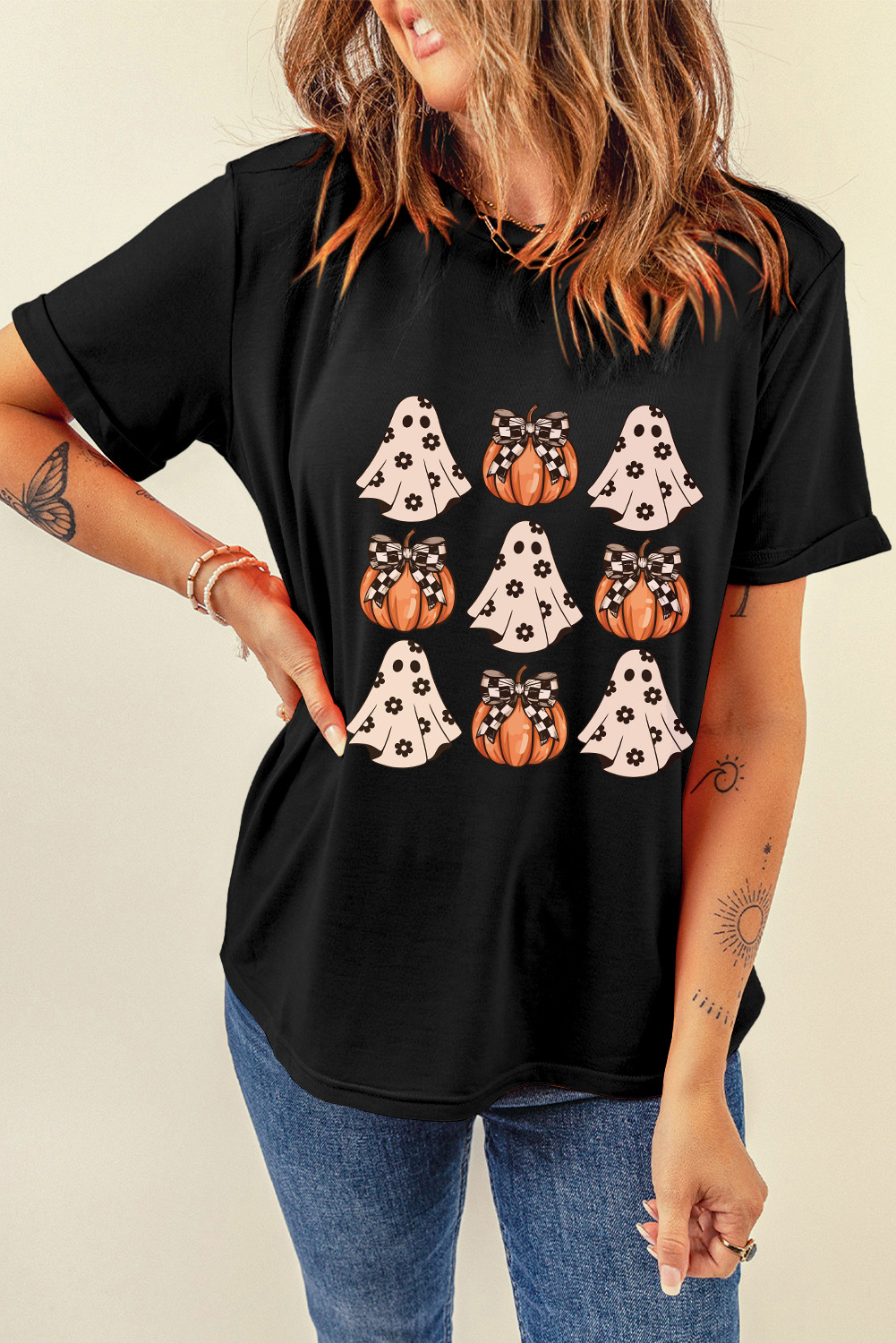 Black Halloween Ghost Pumpkin Print Crew Neck T Shirt - loveforevers