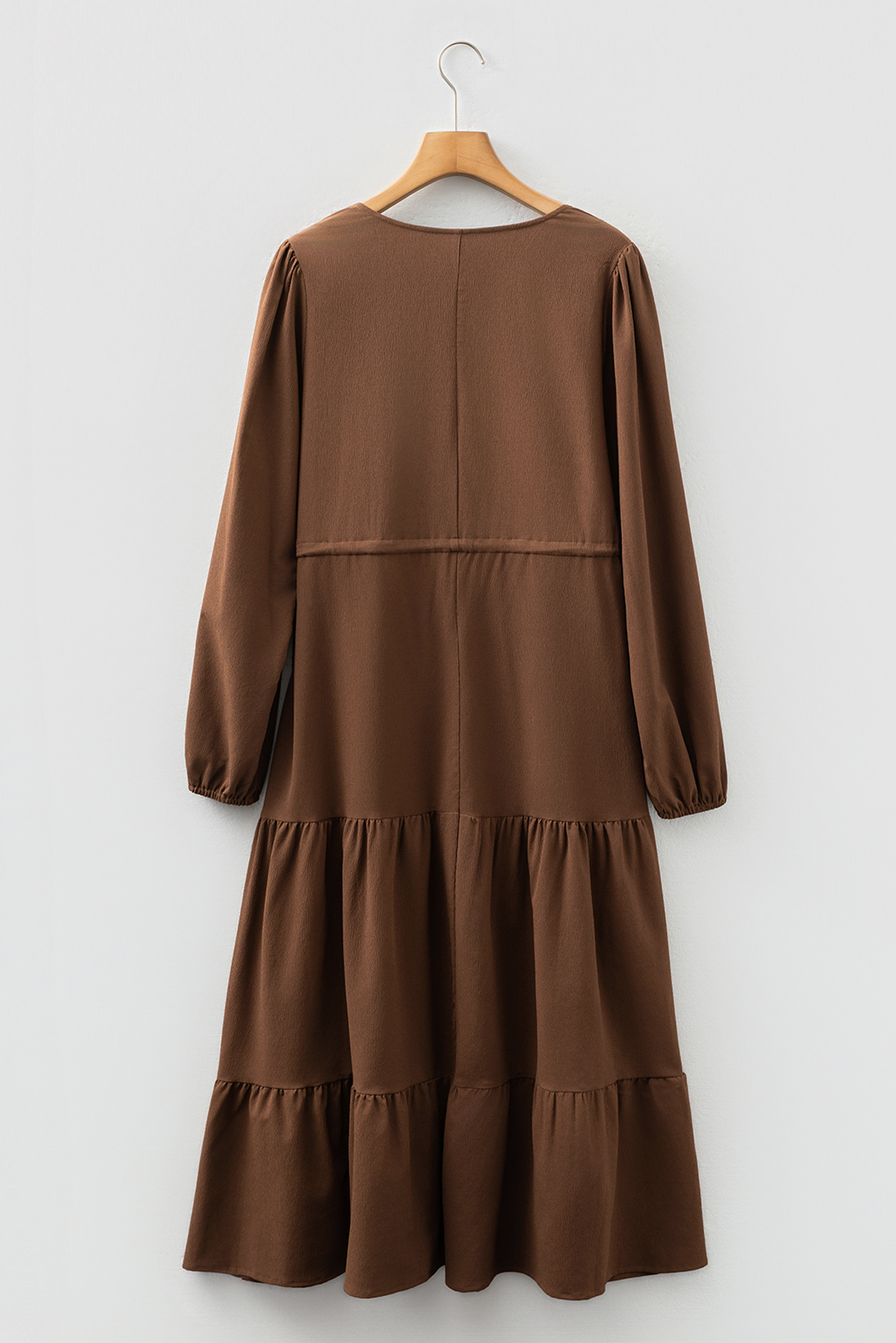 Blackish Green Solid Long Sleeve Button V Neck Tiered Maxi Dress - loveforevers