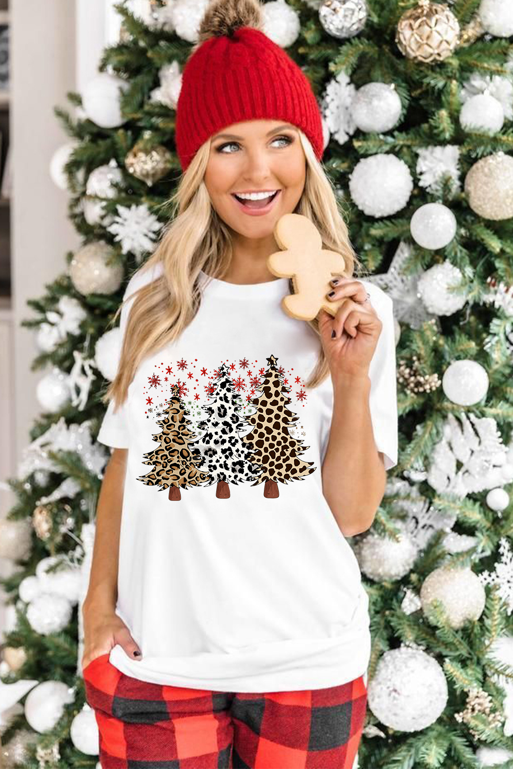 White Leopard Christmas Tree Graphic Crewneck Tee - loveforevers