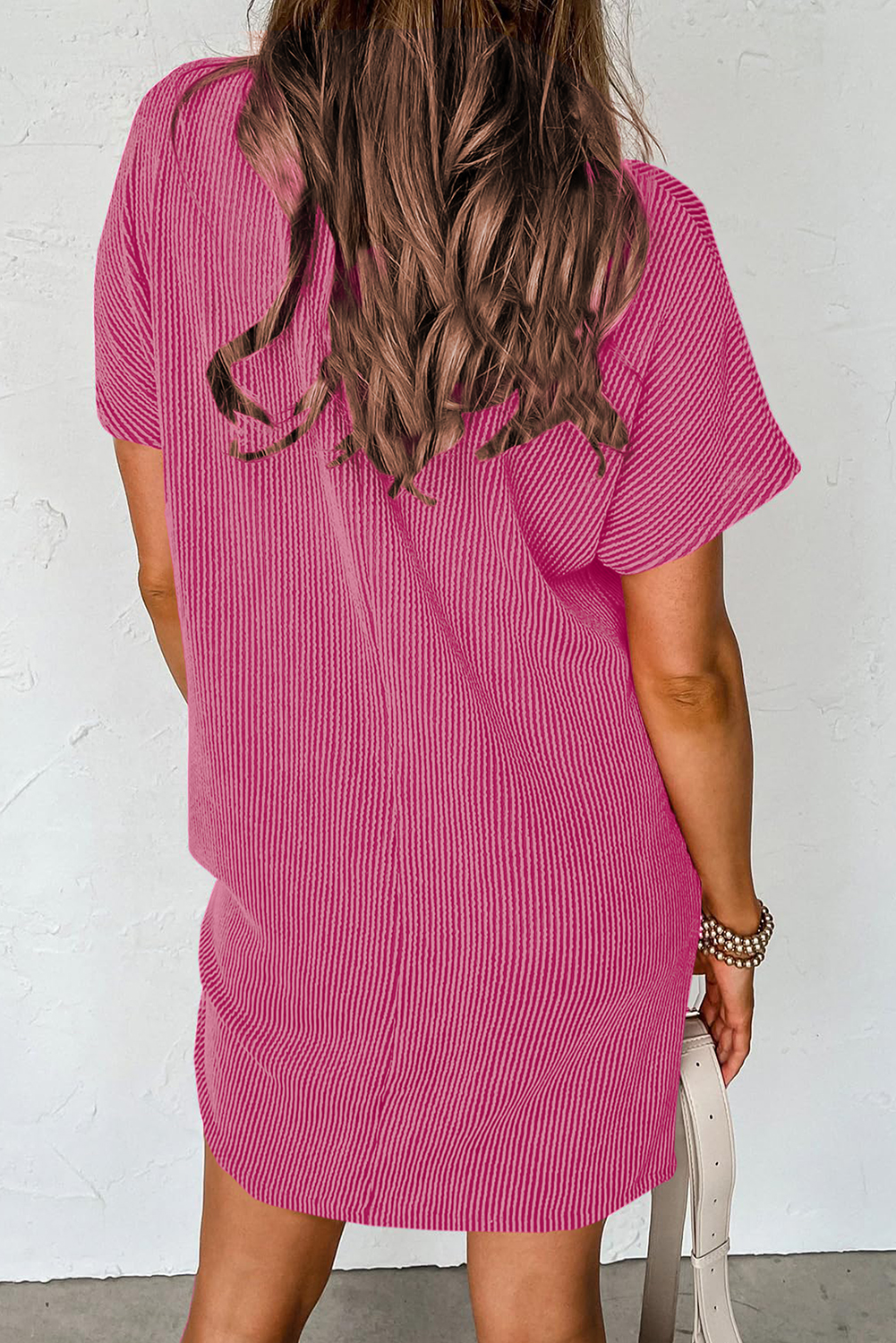 Bright Pink Striped Ribbed Knit T-shirt Shift Dress - loveforevers
