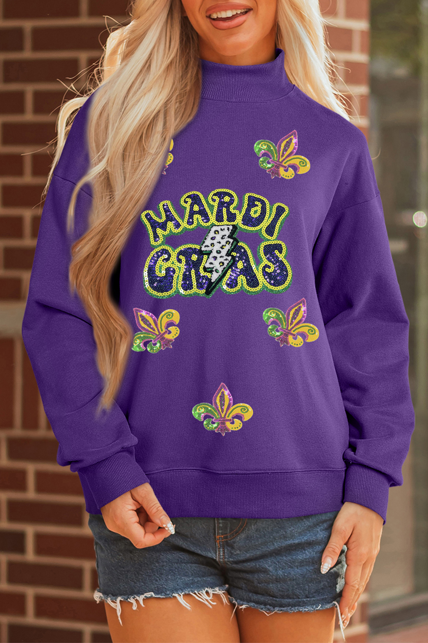 Tillandsia Purple MARDI GRAS Leopard Lightning Sequin Graphic Mock Neck Sweatshirt - loveforevers