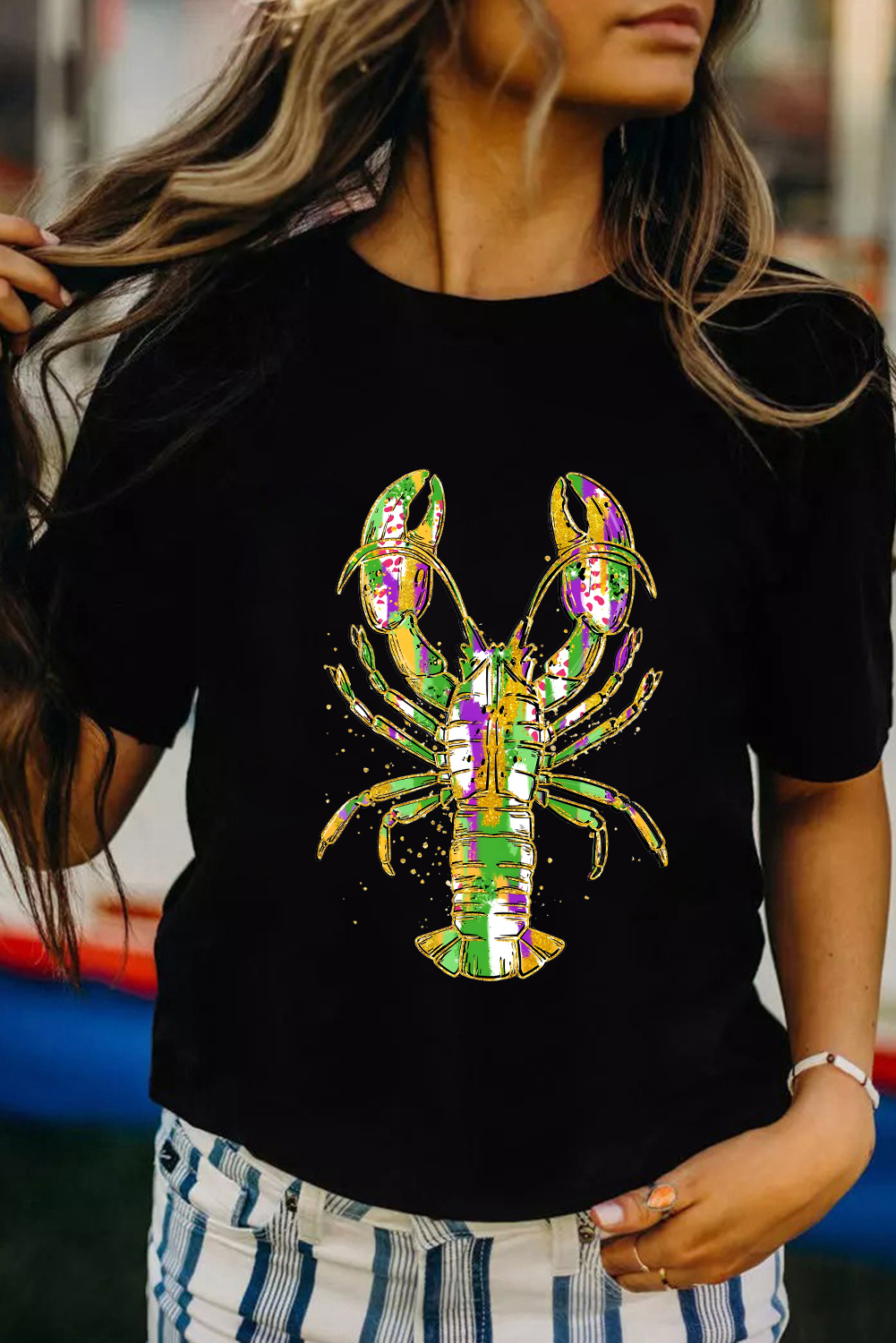 Black Mardi Gras Lobster Heat Transfer Graphic T Shirt - loveforevers