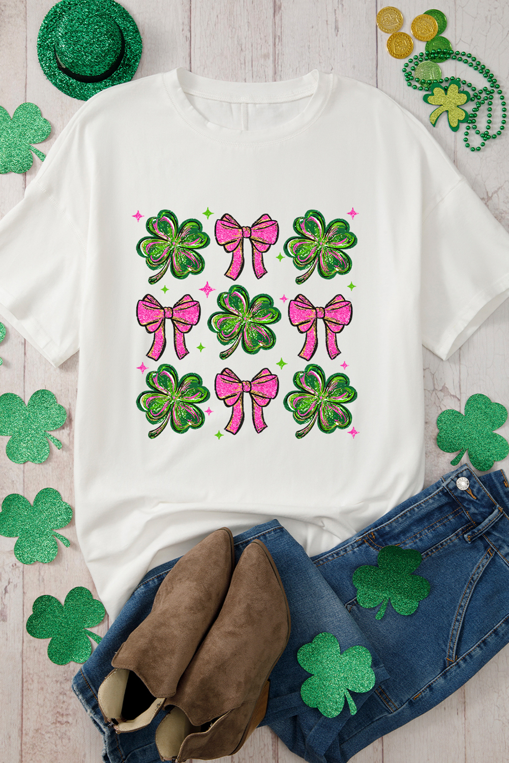 White St Patrick Shamrock Bowknot Printed Crewneck Tee - loveforevers