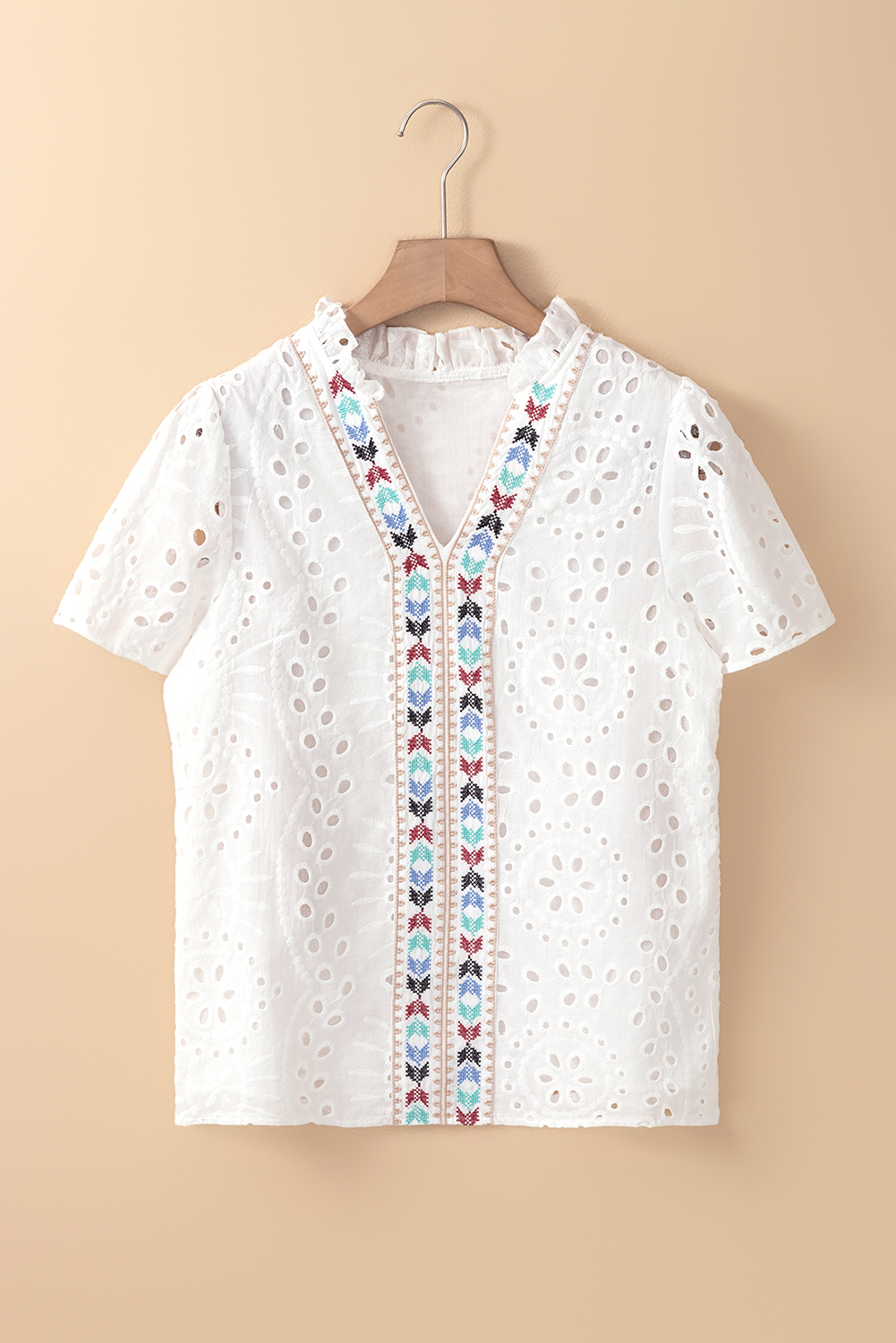 White Geometric Embroidery Hollow Out Blouse - loveforevers