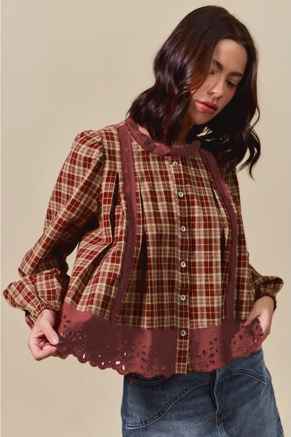 Red Dahlia Plaid Eyelet Lace Trim Button Down Loose Long Sleeve Shirt - loveforevers