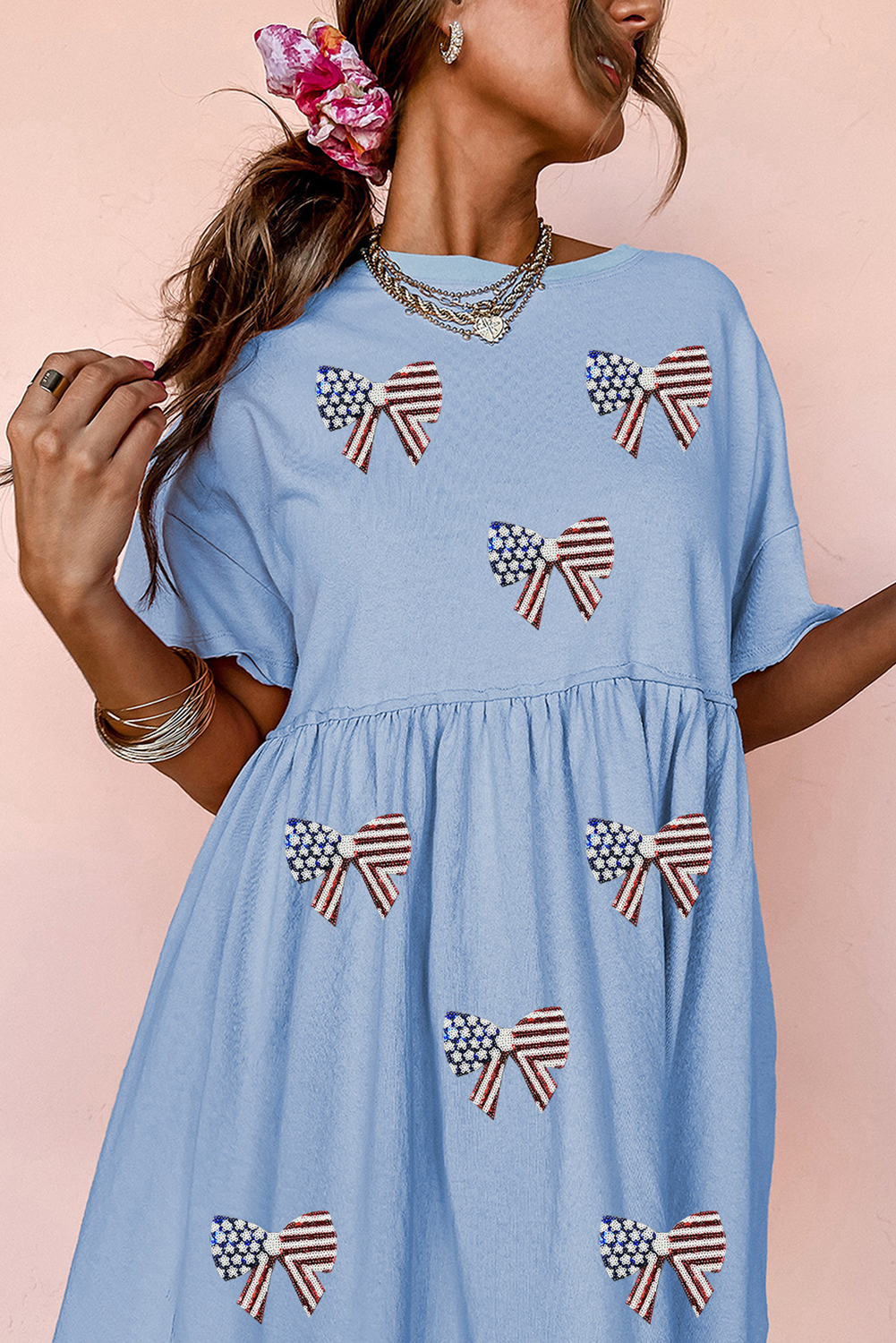 Sky Blue Star and Stripes Sequin Bow Patched T Shirt Babydoll Dress - loveforevers