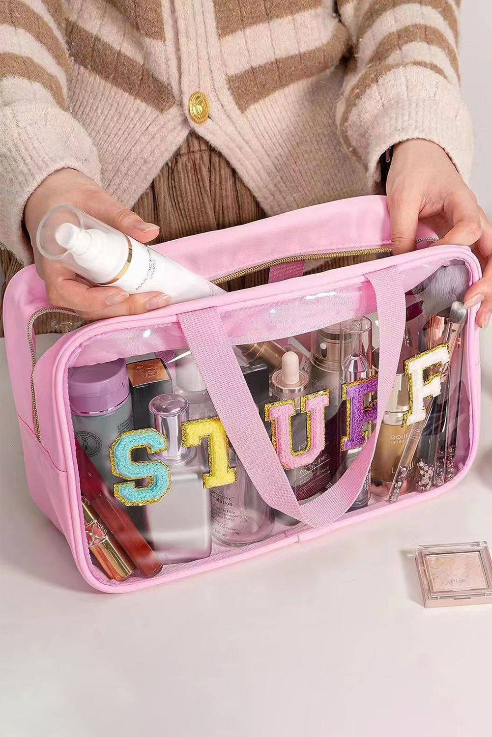 Light Pink TRAVEL Chenille Letter Clear PVC Makeup Bag - loveforevers