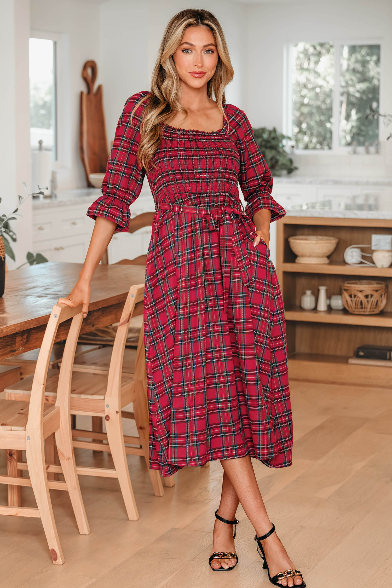 Red Tartan Plaid Square Neck Puff Sleeve Knot Waist Flared Midi Dress - loveforevers