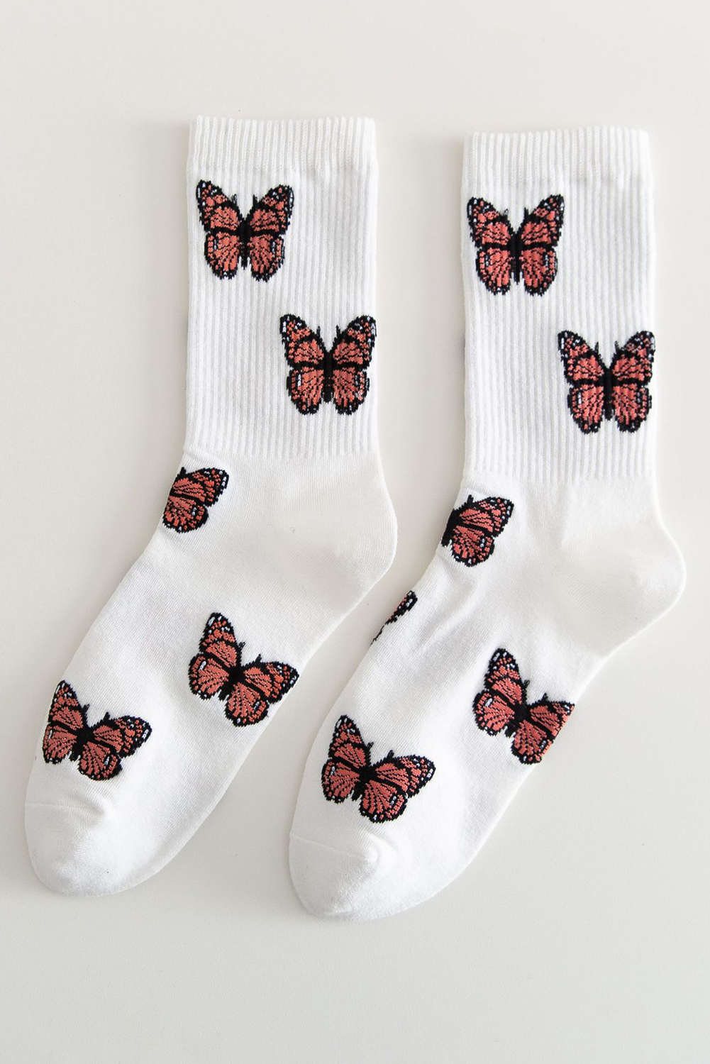 White Butterfly Pattern Ribbed Edge Soft Crew Socks - loveforevers