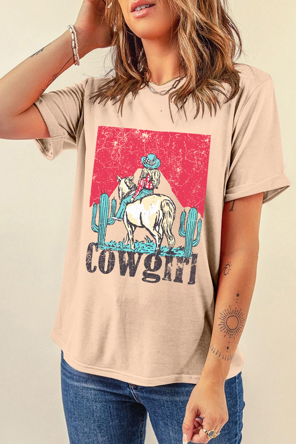Khaki Cowgirl Rodeo Graphic Western Fashion Tee - loveforevers