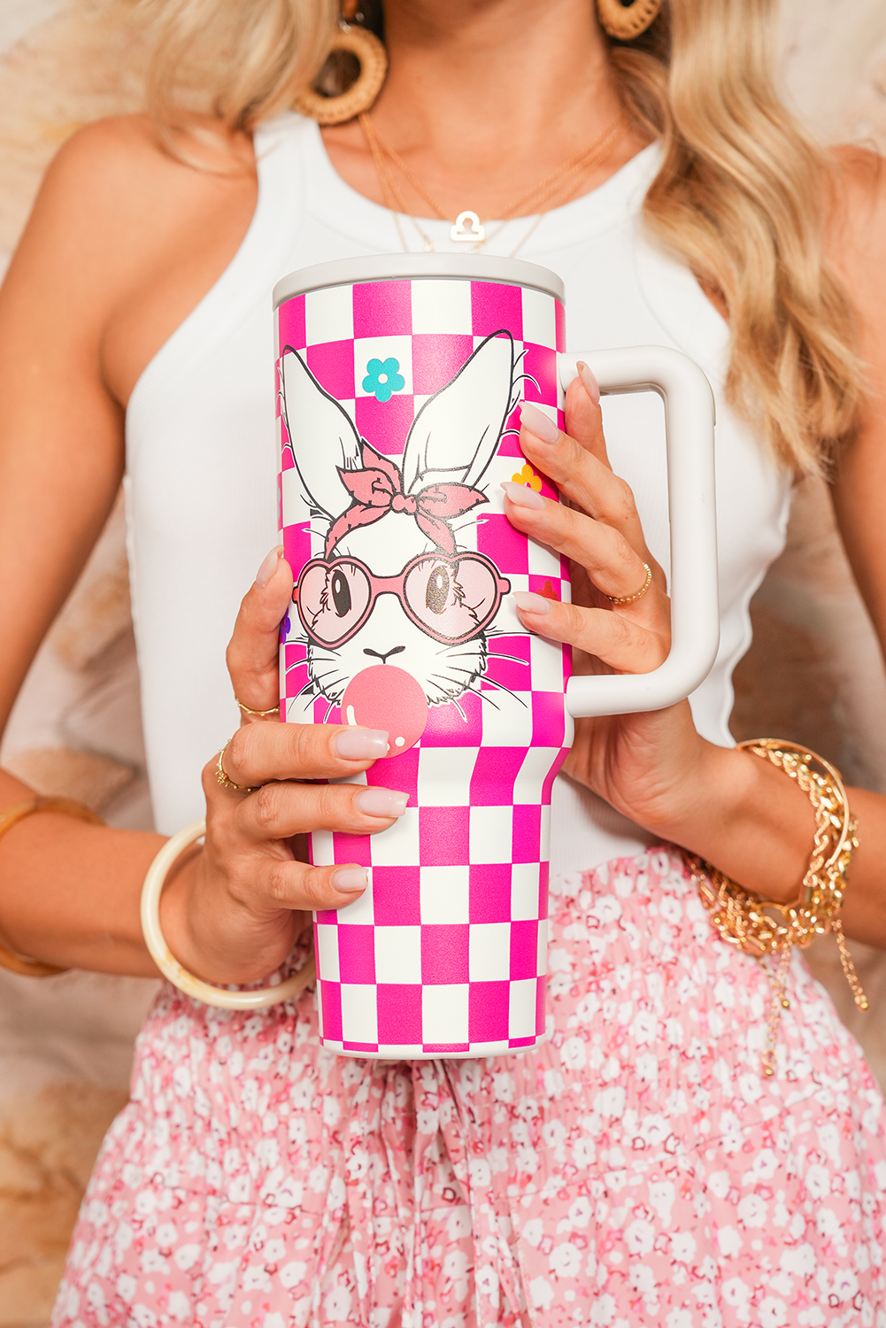 Rose Red Easter Rabbit Flower Checkered Print Large Tumbler 40oz - loveforevers