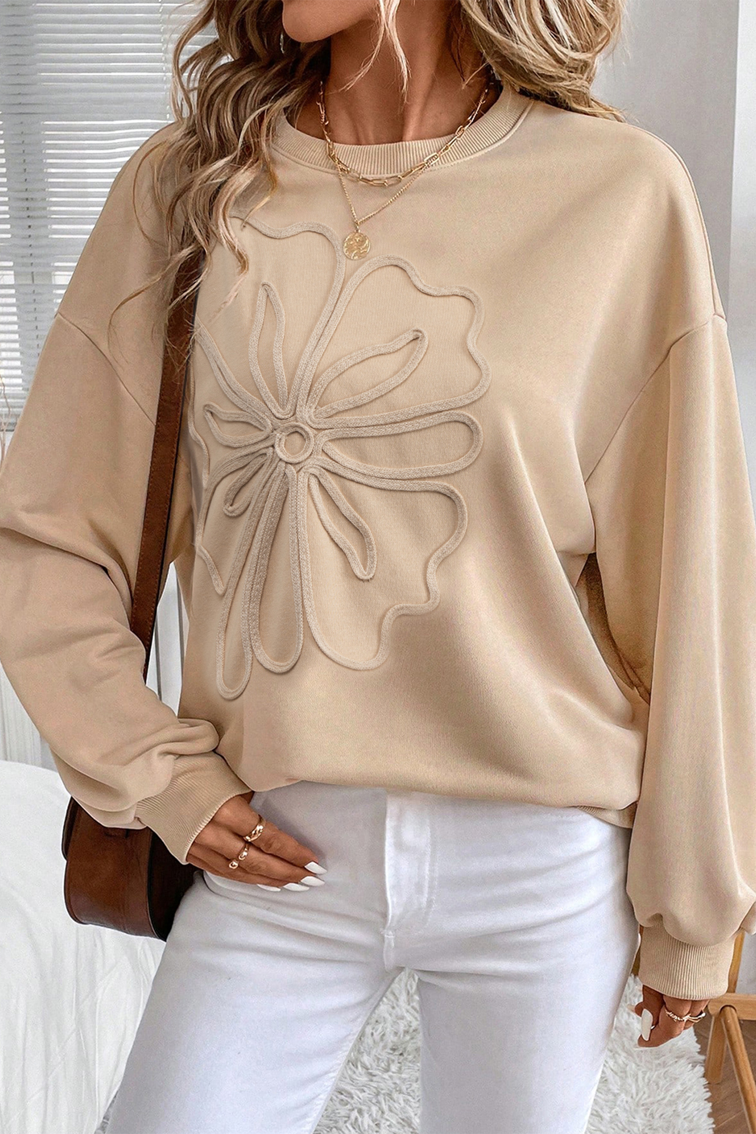Parchment Embroidered Flower Pattern Drop Shoulder Sweatshirt - loveforevers