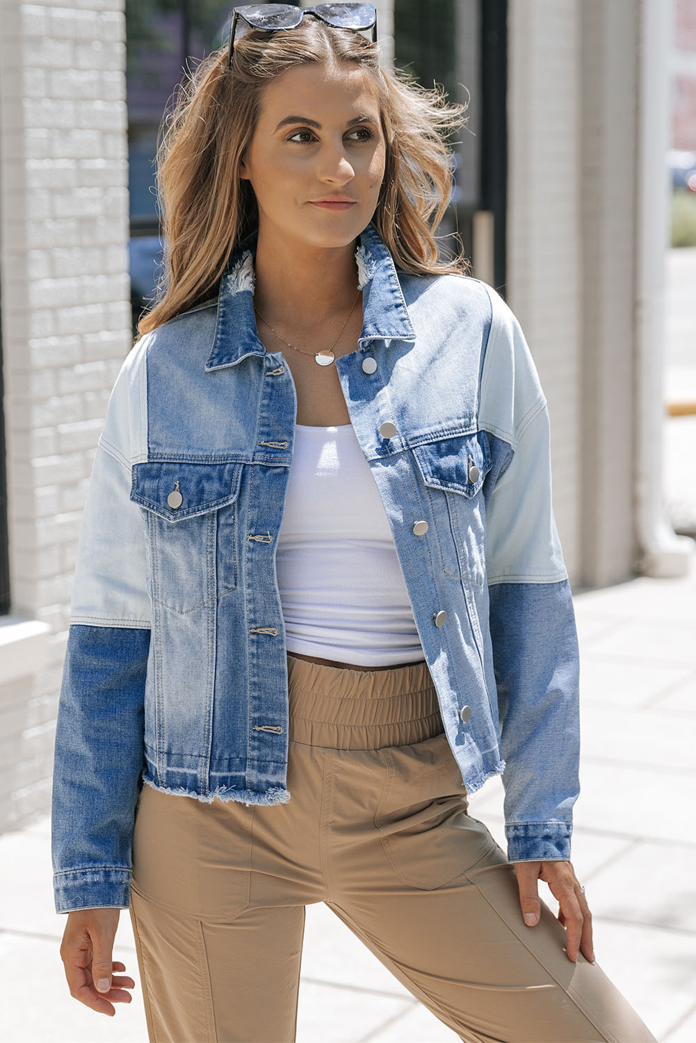 Sky Blue Color Block Denim Patchwork Frayed Hem Jacket - loveforevers