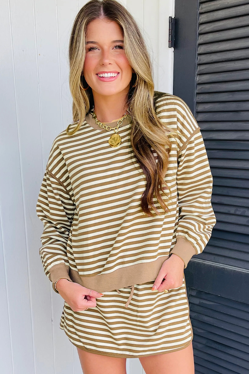 Black Stripe Textured Drop Shoulder Pullover Top Drawstring Mini Skort Two Piece Dress Set - loveforevers
