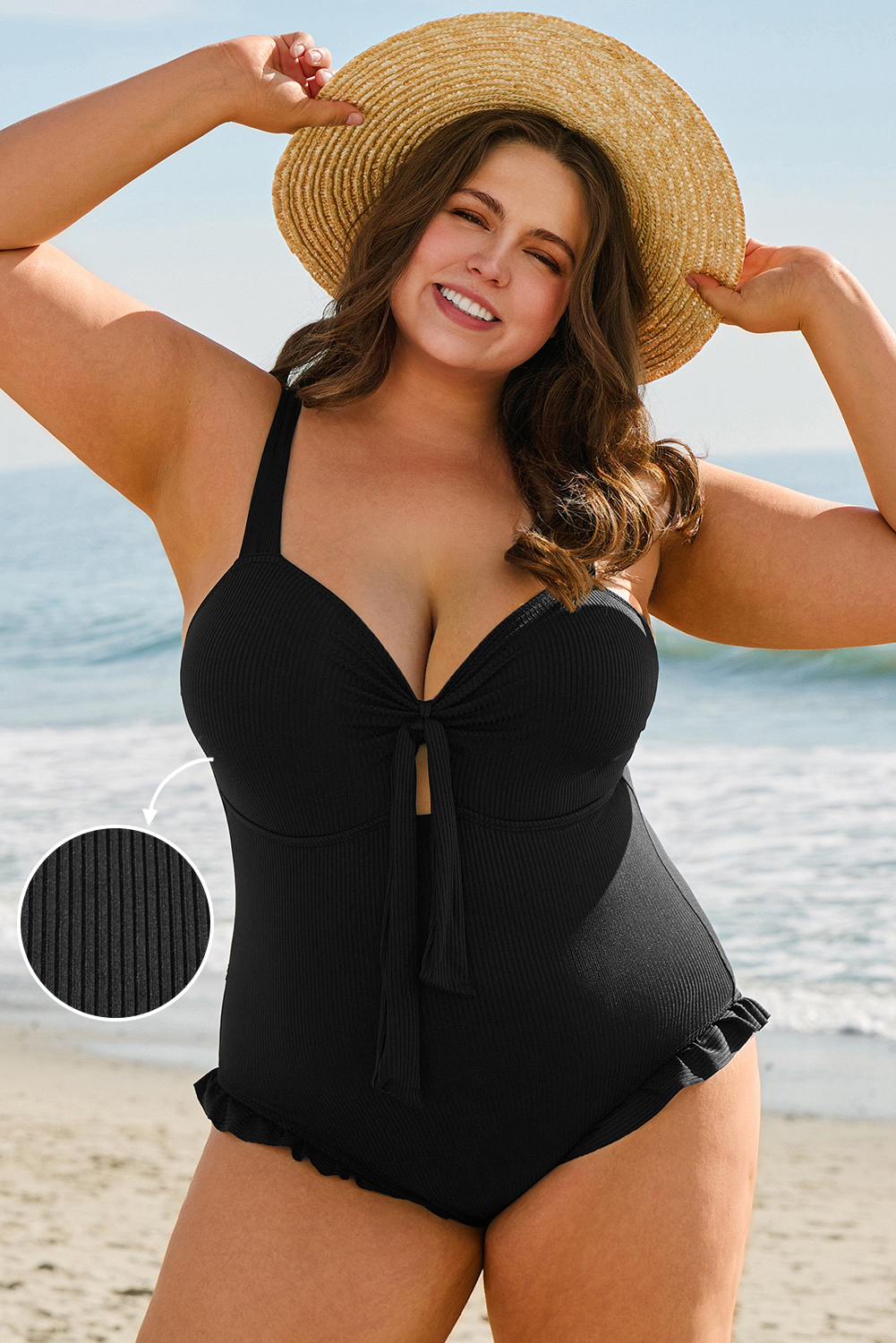 Black Plus Size Textured Knotted Ruffled Trim One Piece Swimwear - loveforevers