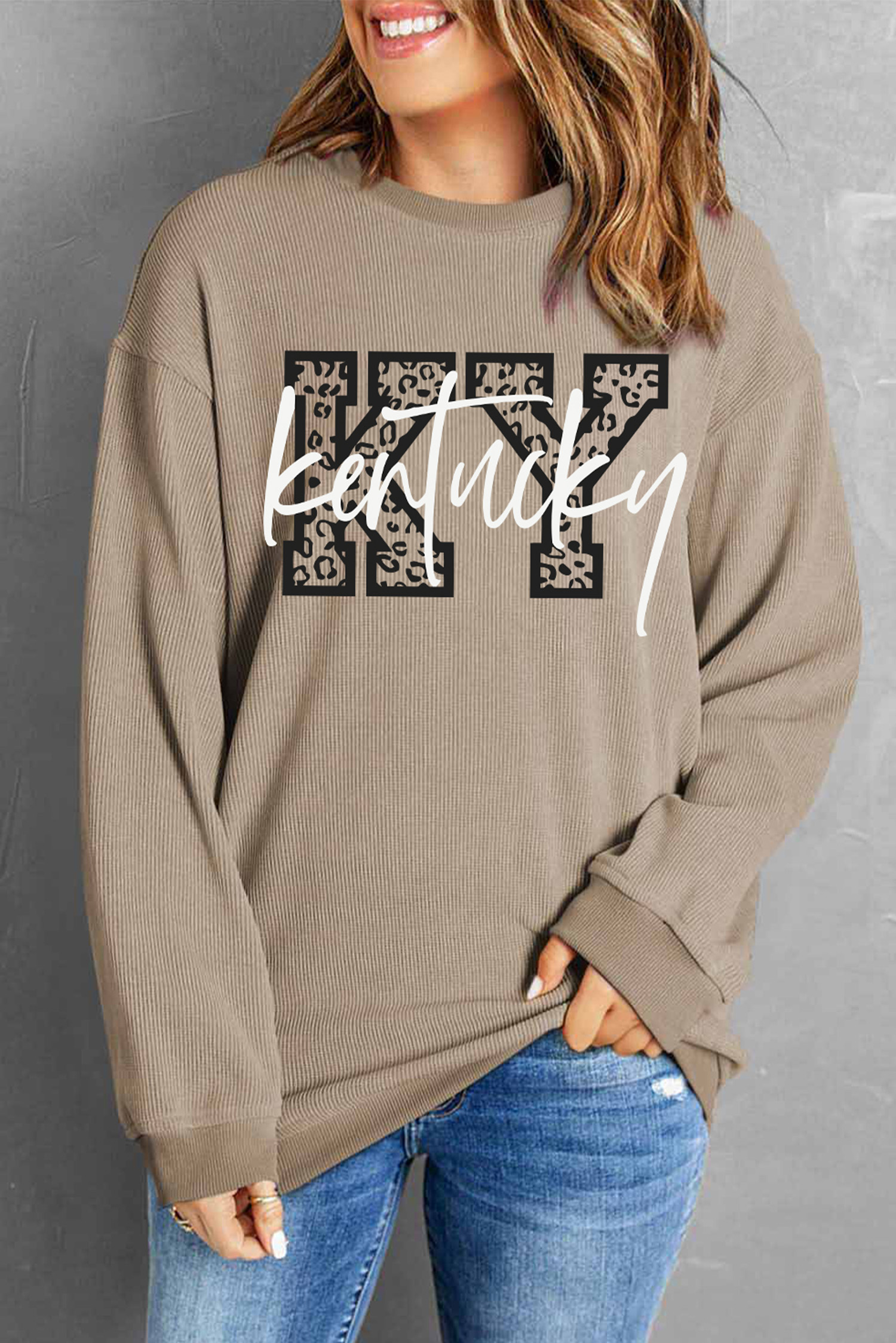 Khaki Kentucky KY Leopard Lettering Ribbed Baggy Sweatshirt - loveforevers