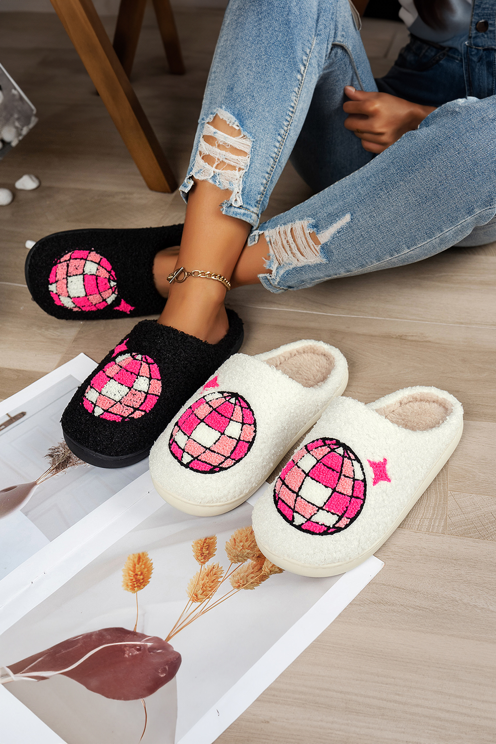 Black Disco Ball Print Fuzzy Winter House Slippers - loveforevers