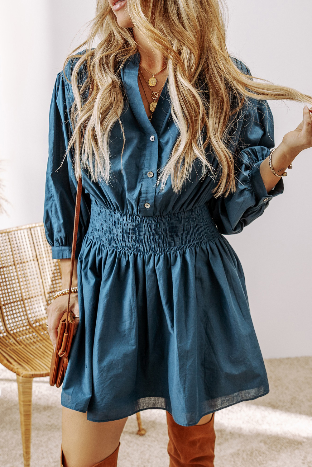 Prussian Blue 3/4 Sleeve Shirred High Waist Buttoned Mini Dress - loveforevers