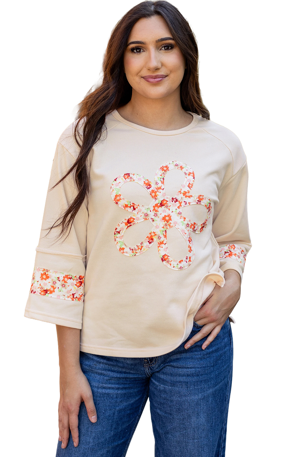 Beige Flower Patch Graphic Exposed Seam Wide Sleeve Top - loveforevers