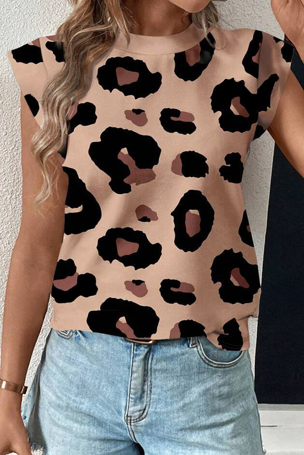 Khaki Leopard Crew Neck Cap Sleeve Casual Tee - loveforevers