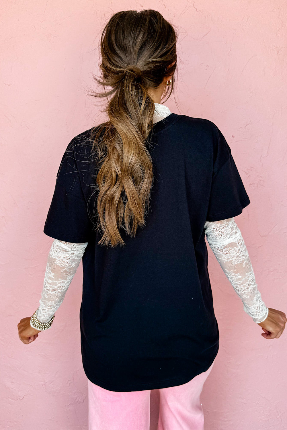 Black Pink Daisy Flower Printed Cotton Blend T Shirt - loveforevers