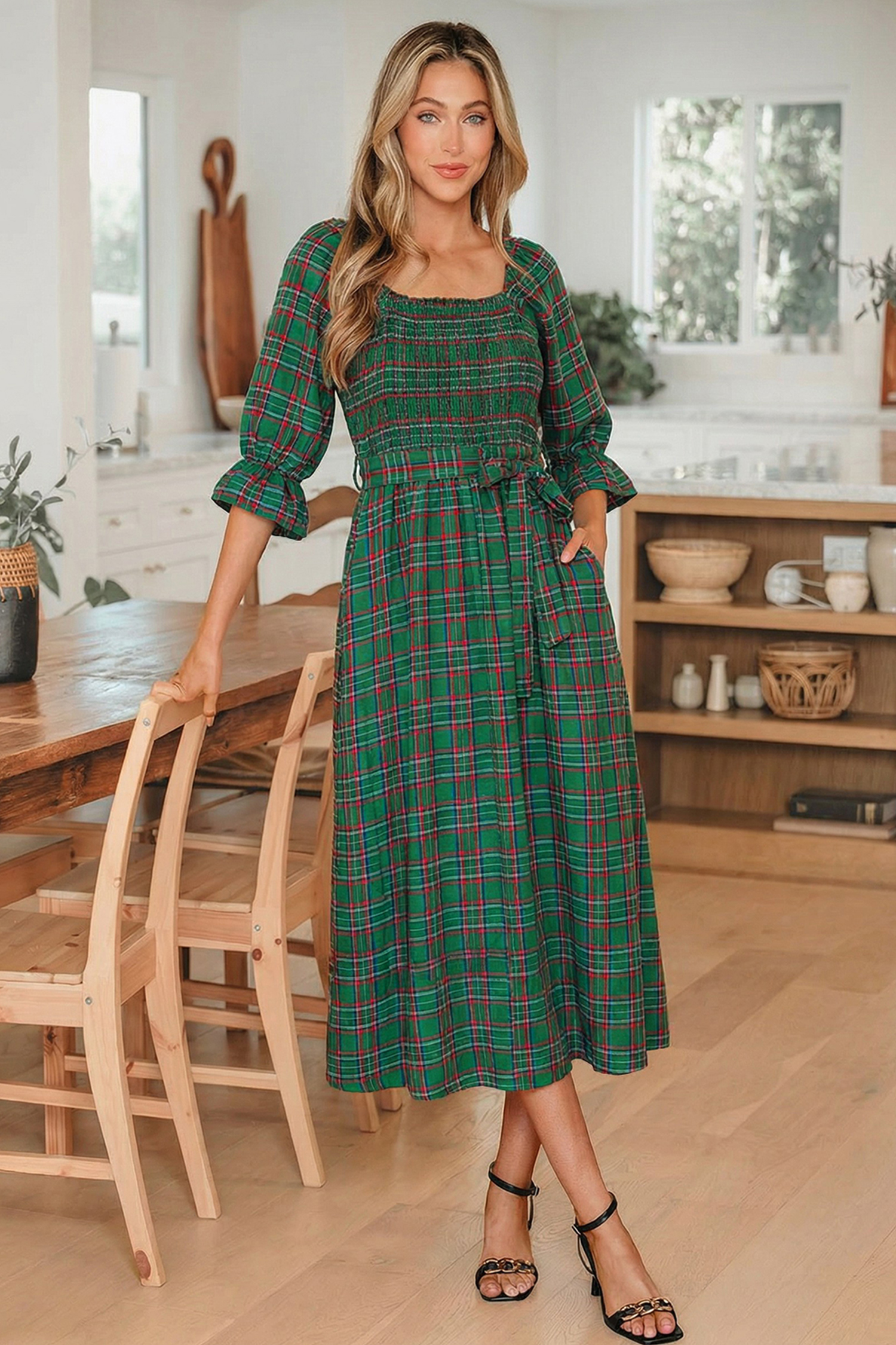 Red Tartan Plaid Square Neck Puff Sleeve Knot Waist Flared Midi Dress - loveforevers