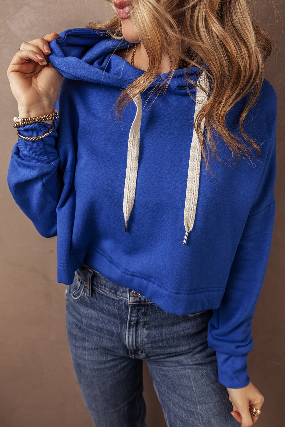 Black Solid Drop Shoulder Drawstring Cropped Hoodie - loveforevers