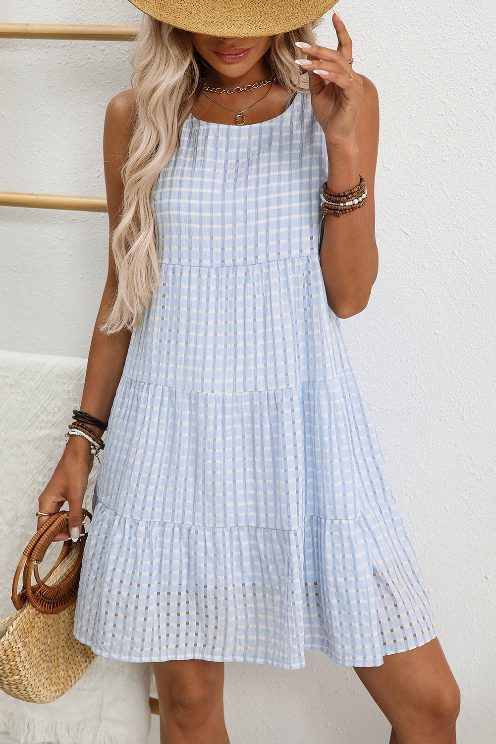 Light Blue Plaid Tiered A-line Sleeveless Mini Sundress - loveforevers