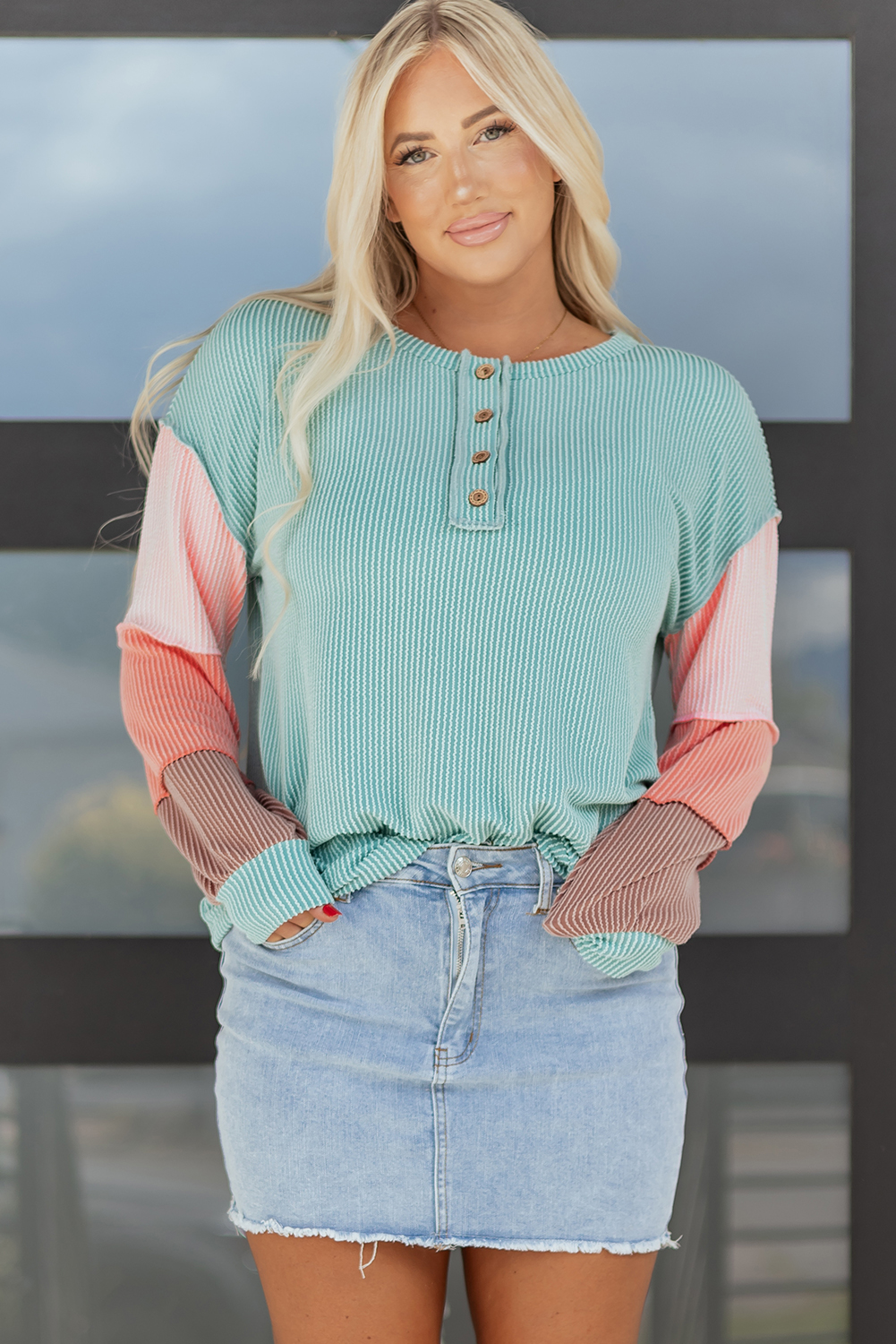 Multicolour Twisted Ribbed Knit Colorblock Henley Top - loveforevers