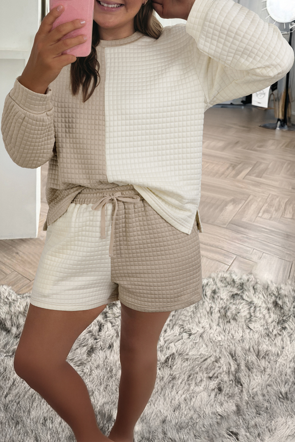 Khaki Color Block Patchwork Textured Long Sleeve Top 2pcs Short Set - loveforevers