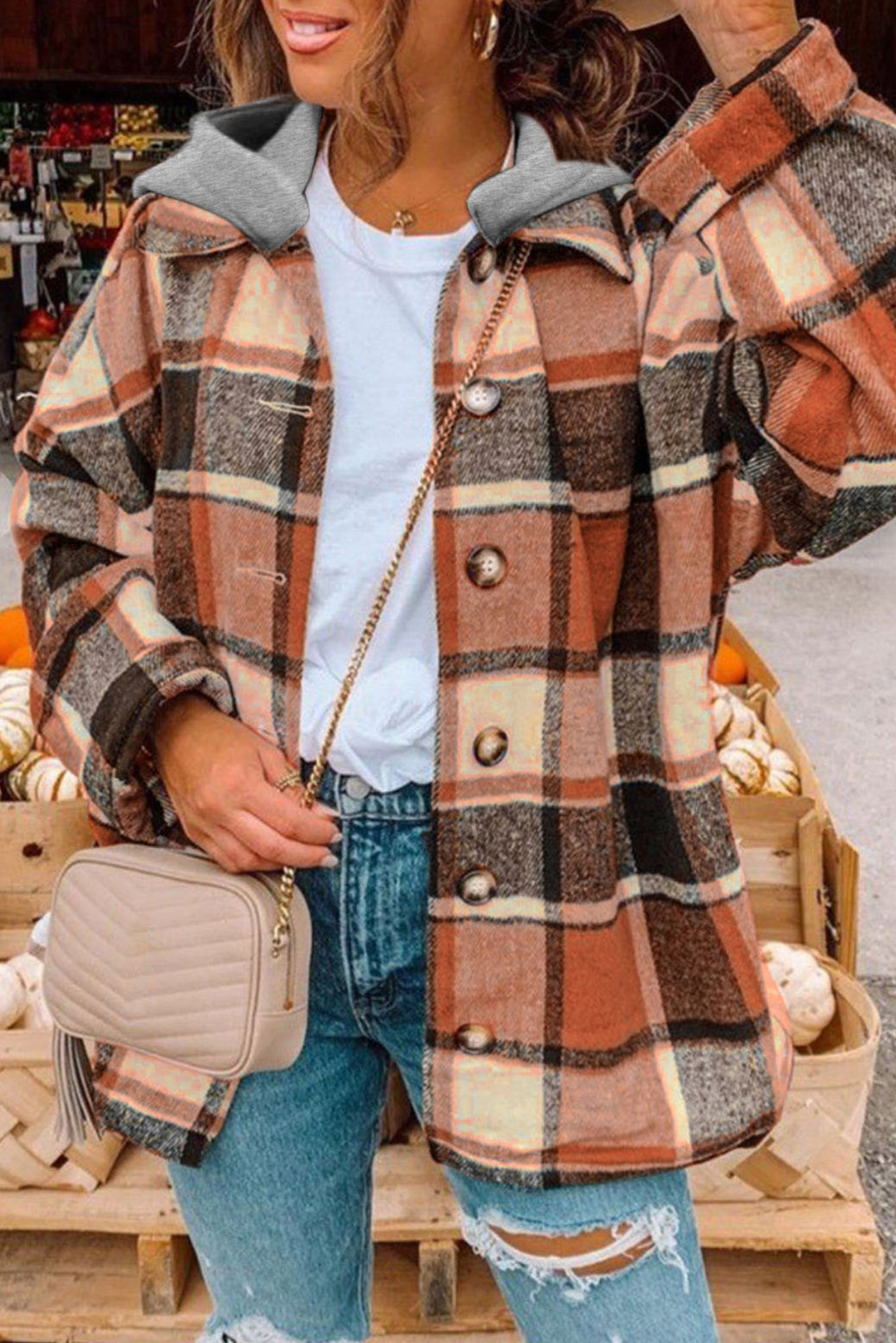 Orange Hooded Plaid Button Front Shacket - loveforevers