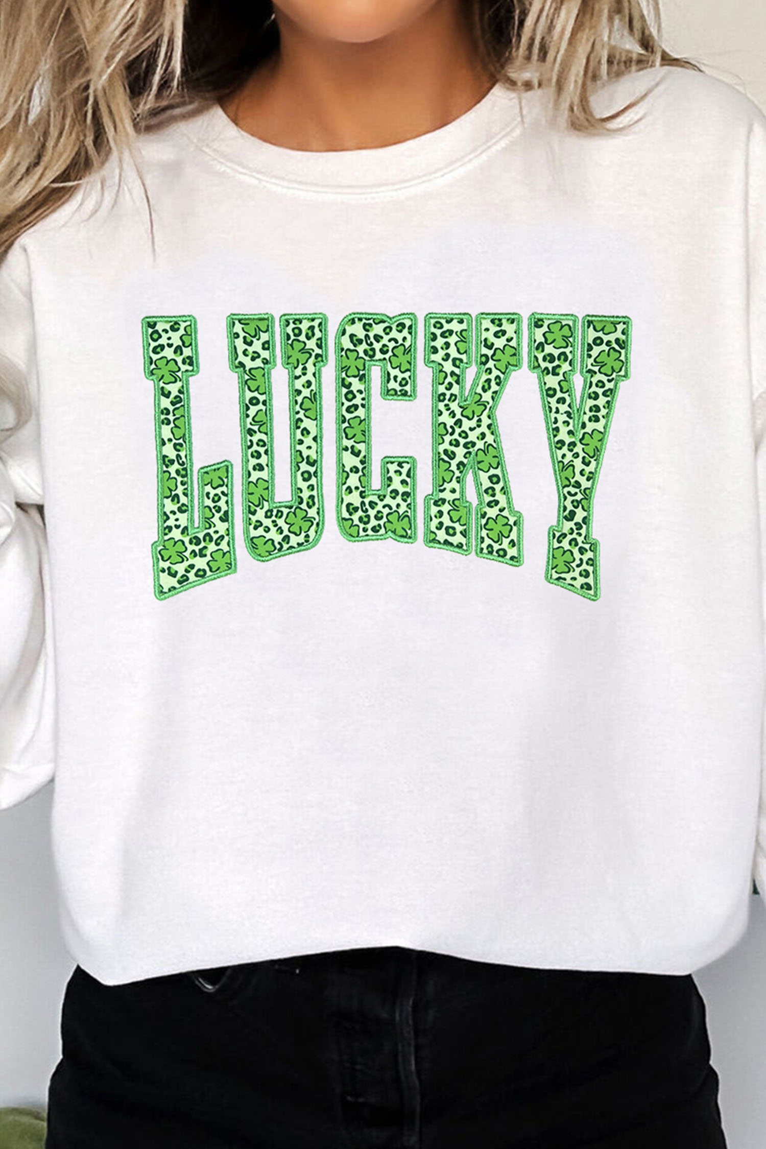 White Leopard Cover LUCKY Embroidered Patch Graphic Sweatshirt - loveforevers