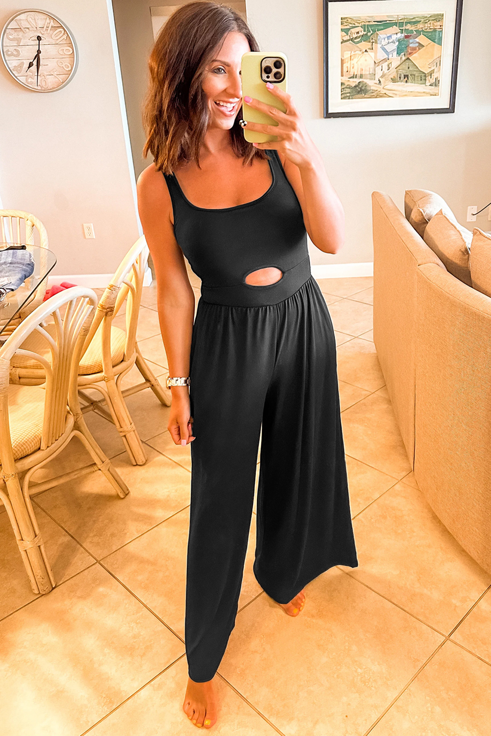 Black Peekaboo Wide Leg Square Neck Sleeveless Jumpsuit - loveforevers