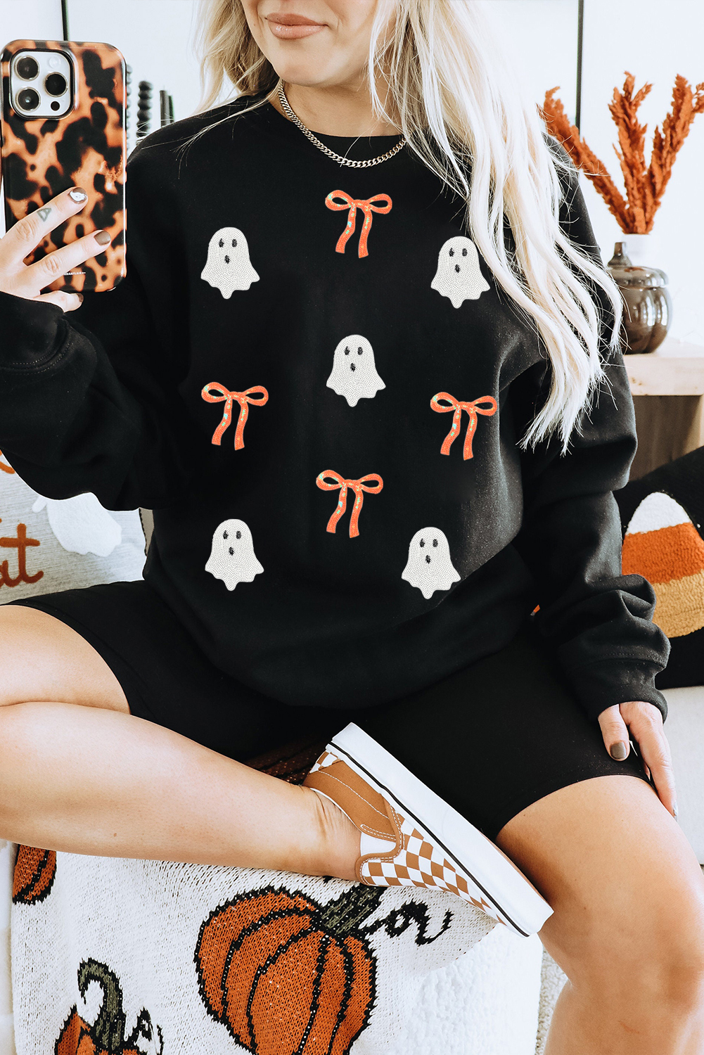 Black Sequin Bow Ghost Patched Halloween Graphic Tee - loveforevers