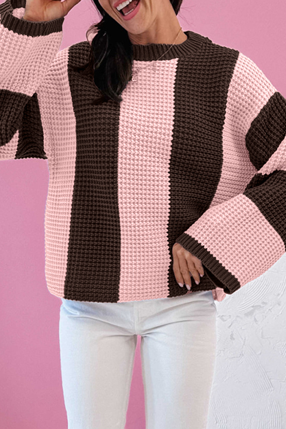 Fushia Striped Color Block Thermal Textured Knit Drop Shoulder Sweater - loveforevers